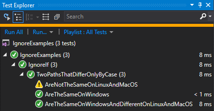 image of Visual Studio Test Explorer pain with two tests, one named “AreTheSameOnWindows” with the passed icon next to it, and one named “AreNotTheSameOnLinuxAndMacOS” with the skipped icon next to it